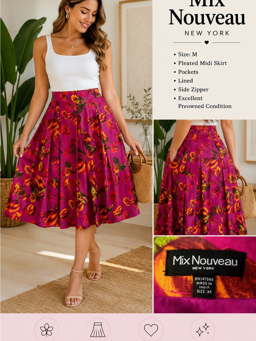 Mix Nouveau Fuchsia Floral Pleated Midi Skirt